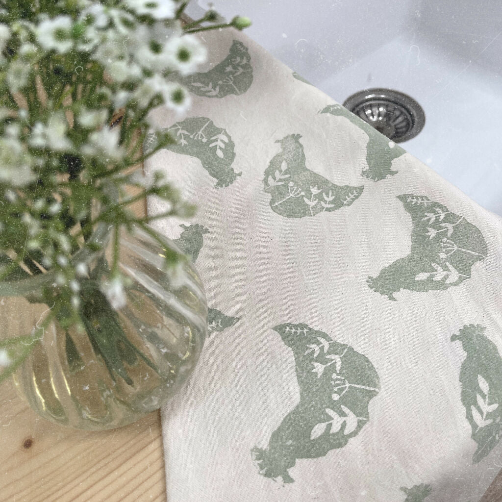 Hand printed wildflower chicken tea towel
