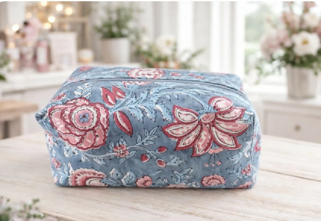 Handmade Blue - pink Flower Wash Bag – Travel Toiletries  