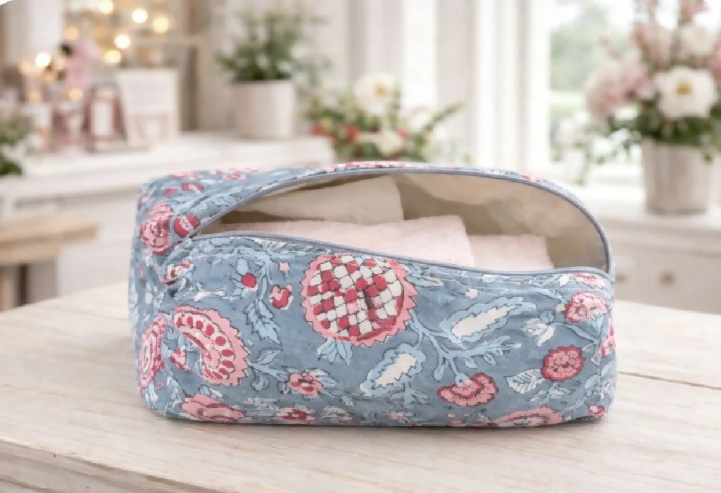 Handmade Blue - pink Flower Wash Bag – Travel Toiletries   - Image 4