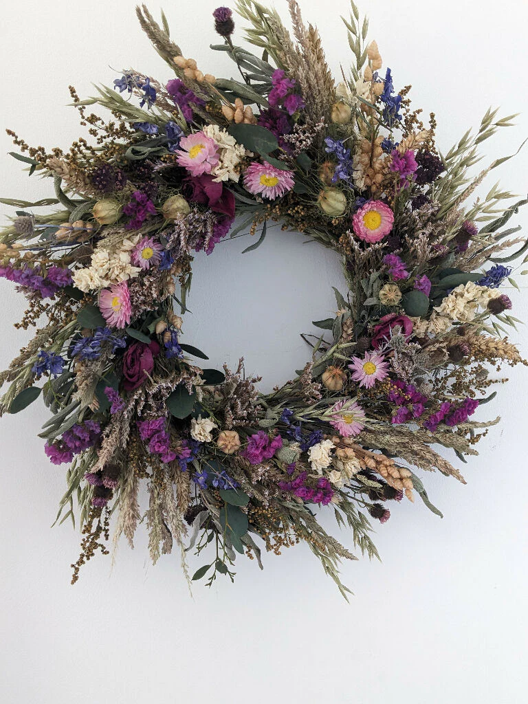 Handmade Dried Flower Wreath in Pinks & Purples