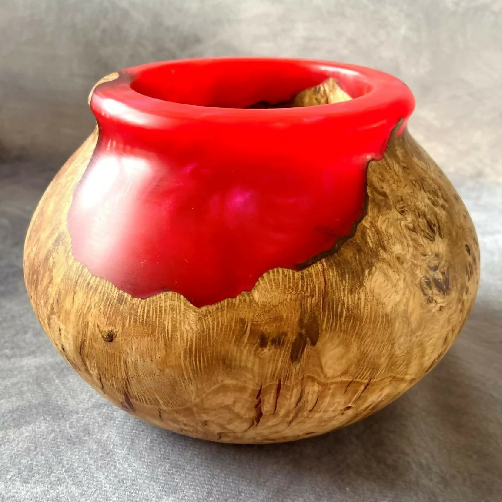 Handmade English Burr Oak & Scarlet Red Resin Hollow Form (170mm) | Yorkshire Wood Art - Image 3
