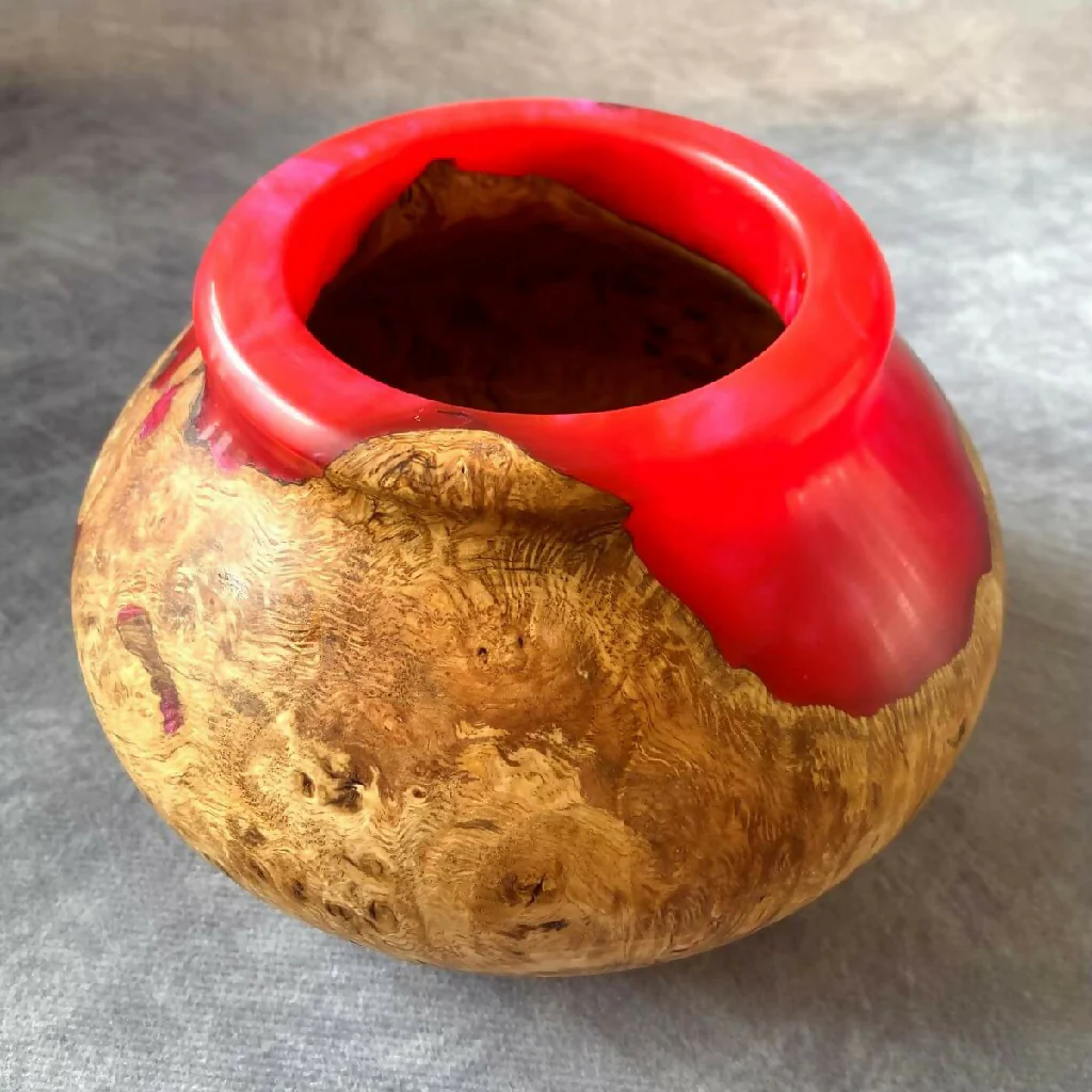 Handmade English Burr Oak & Scarlet Red Resin Hollow Form (170mm) | Yorkshire Wood Art - Image 4