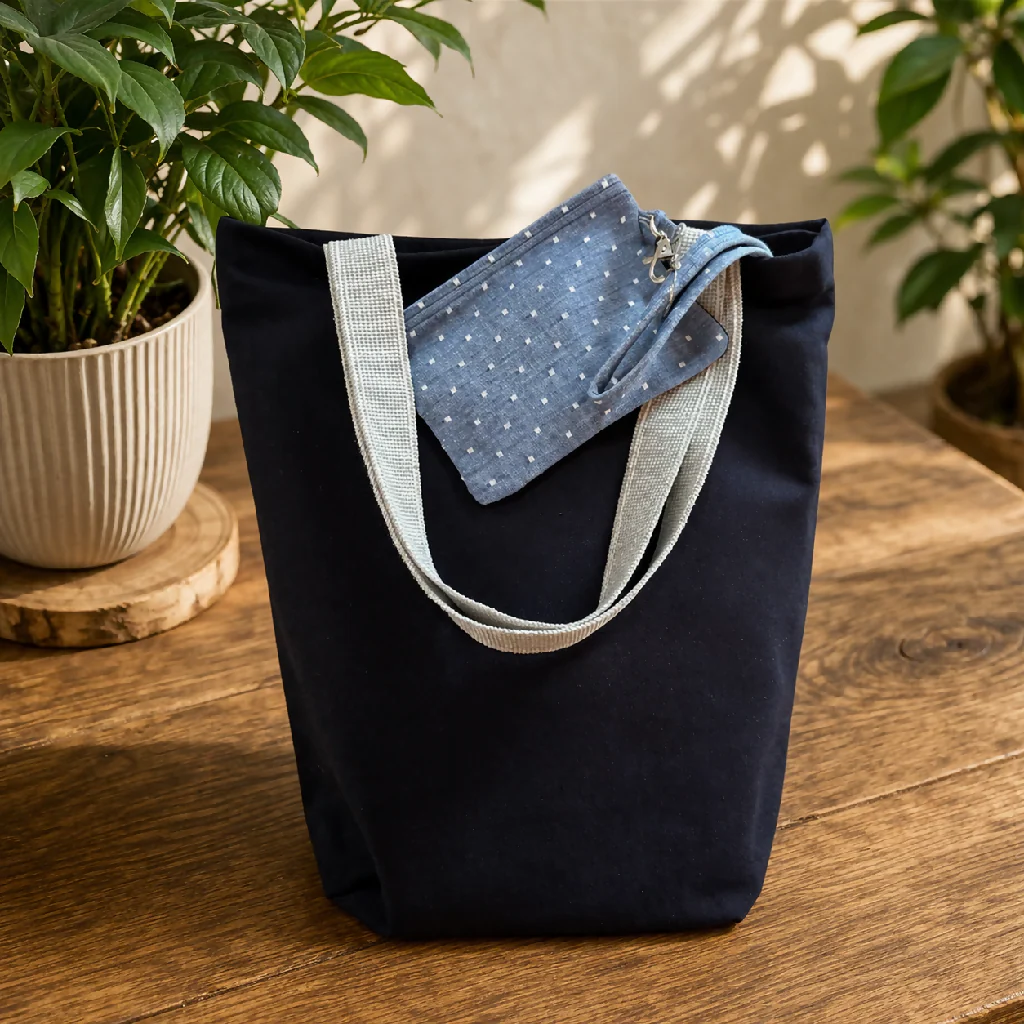 Handmade Organic Navy Tote Bag with Matching Purse