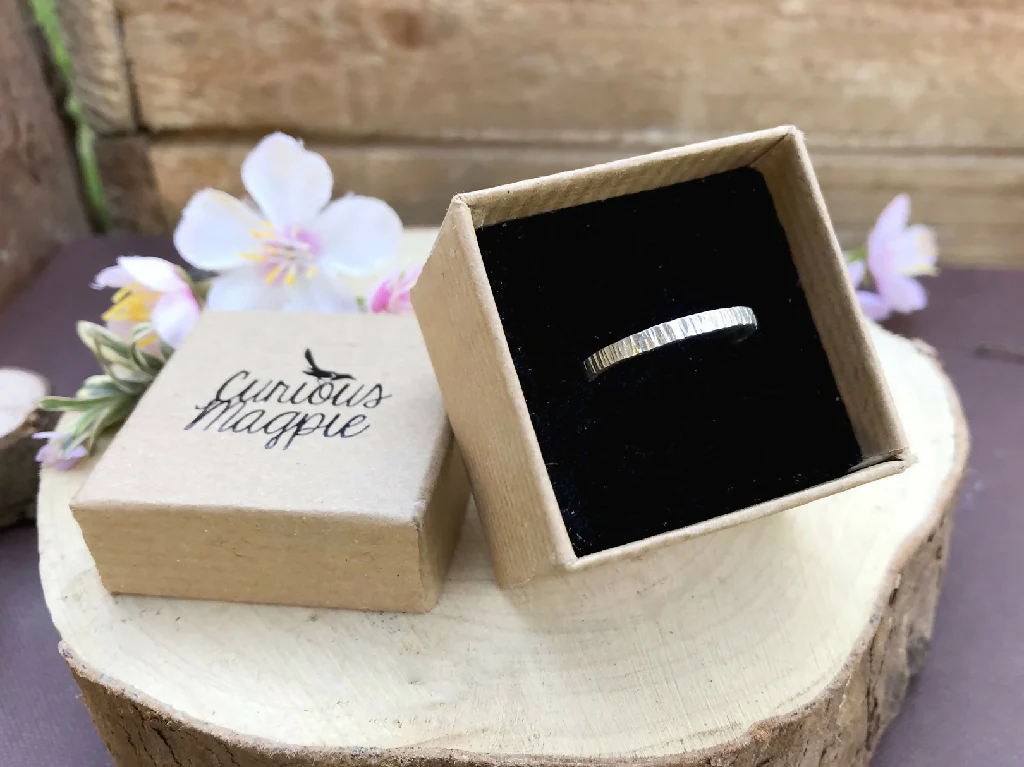 Handmade Silver Narrow Tree Bark Ring - Image 2