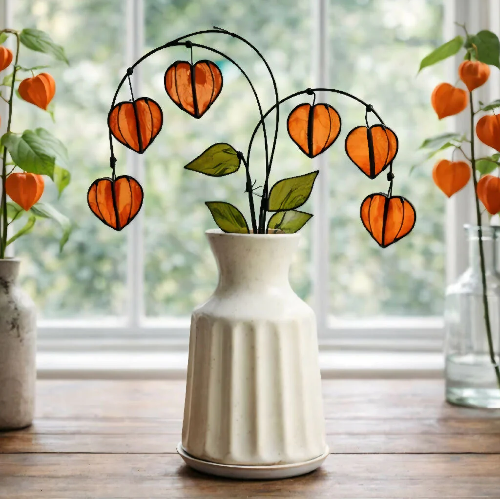 Handmade Stained Glass Chinese Lantern Stem – Autumn Orange Pods in Botanical Glass
