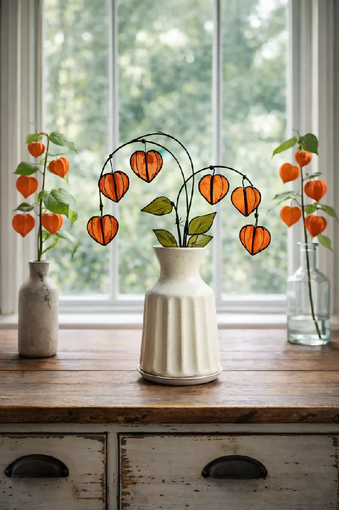Handmade Stained Glass Chinese Lantern Stem – Autumn Orange Pods in Botanical Glass - Image 2