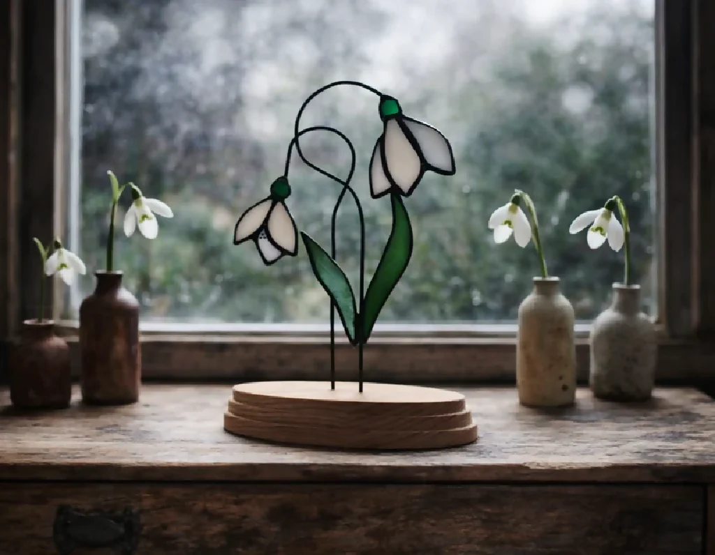 Handmade Stained Glass Snowdrop Duo – Tiffany Style Flowers in Reclaimed Wooden Base