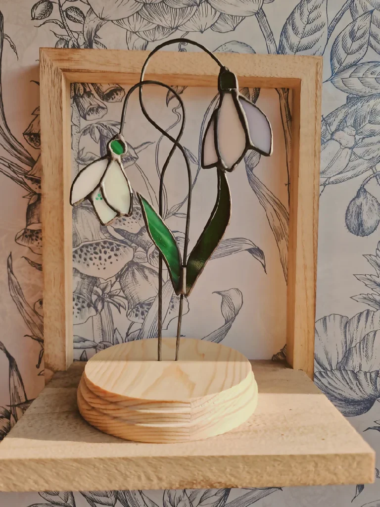 Handmade Stained Glass Snowdrop Duo – Tiffany Style Flowers in Reclaimed Wooden Base - Image 4