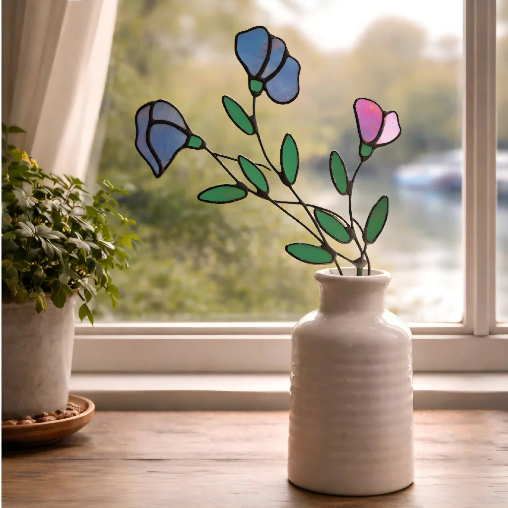Handmade Stained Glass Sweet Pea Stem – Light Violet Iridescent Tiffany Style Flower