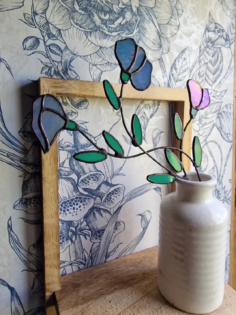 Handmade Stained Glass Sweet Pea Stem – Light Violet Iridescent Tiffany Style Flower - Image 3