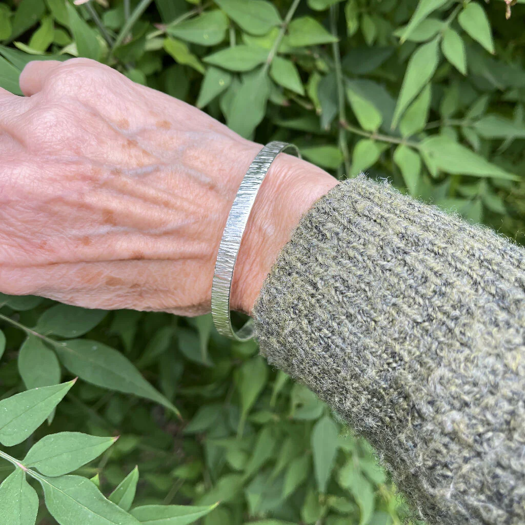 Handmade Sterling Silver Solid Bangle with Textured Finish - Image 2