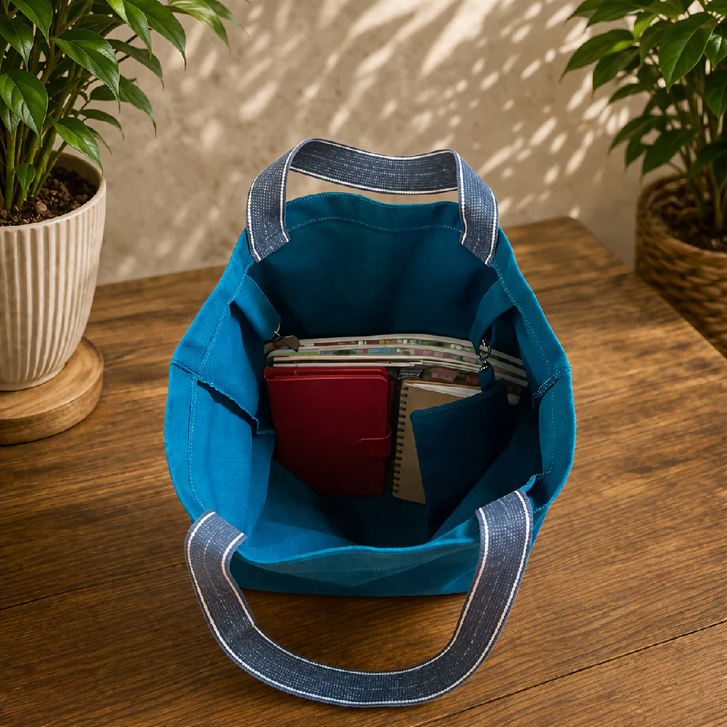 Handmade Teal Linen Tote Bag with Matching Purse - Image 3