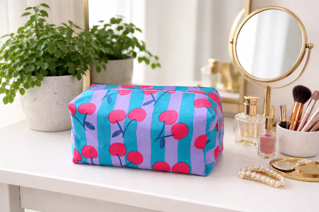Handmade Turquoise Cherry Boxy   Wash Bag