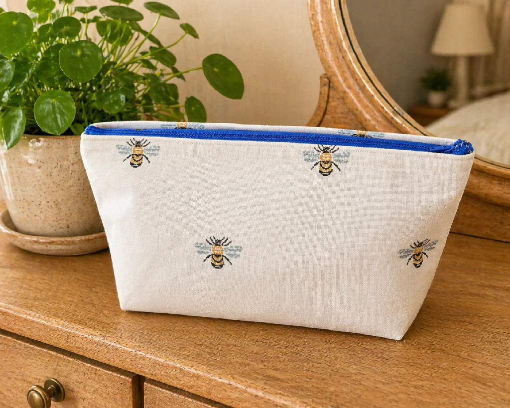 Handmade White  Bee fabric  Wash Bag – Travel Toiletries