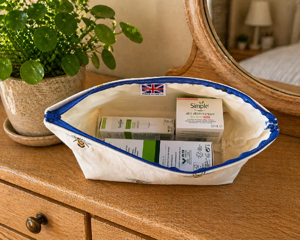 Handmade White  Bee fabric  Wash Bag – Travel Toiletries - Image 2