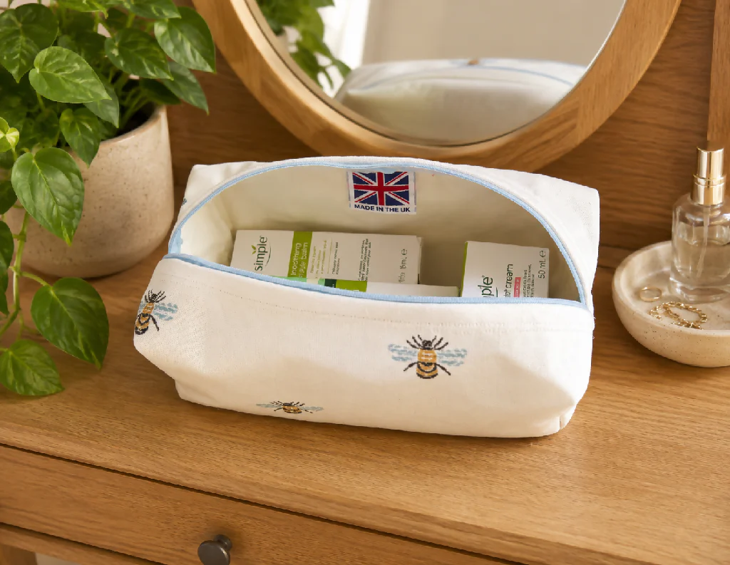 Handmade White  Bee fabric  Wash Bag – Travel Toiletries - Image 2