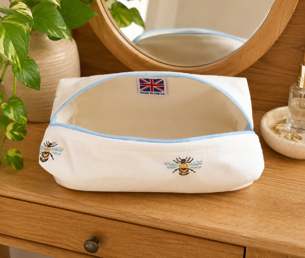 Handmade White  Bee fabric  Wash Bag – Travel Toiletries - Image 3