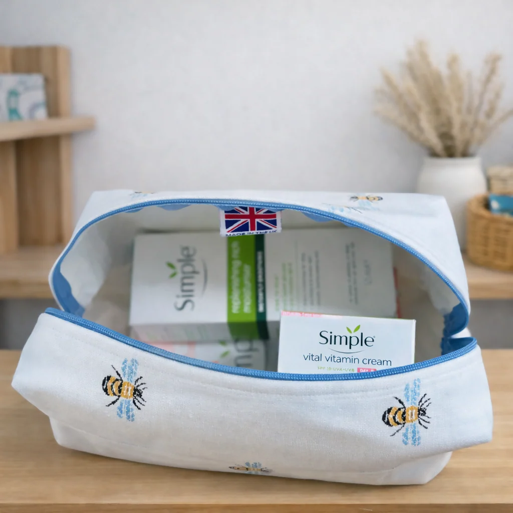 Handmade White Bee fabric Wash Bag – Travel Toiletries  - Image 2