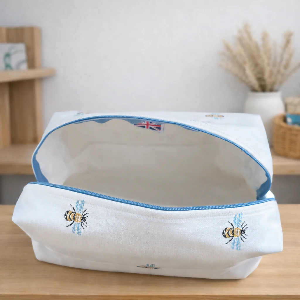 Handmade White Bee fabric Wash Bag – Travel Toiletries  - Image 3