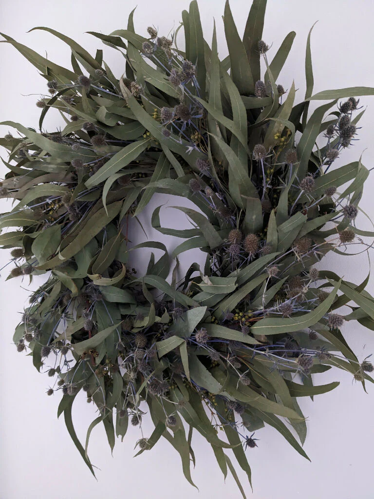 Handmade Wreath Crafted From Dried Eucalyptus And Blue Eryngium Thistle - Image 8