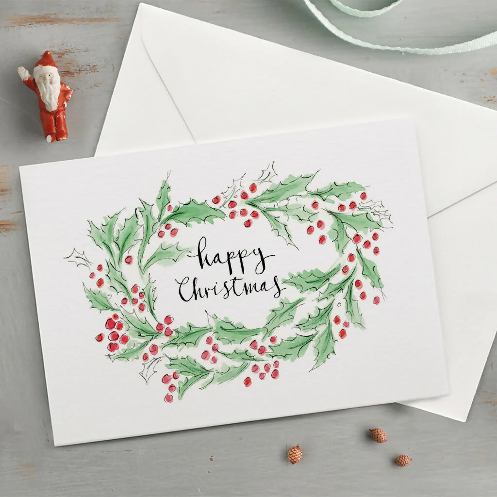 'Happy Christmas' Holly Wreath Christmas Card