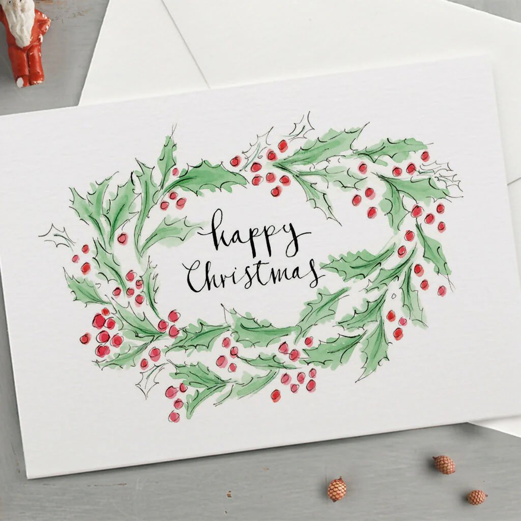 'Happy Christmas' Holly Wreath Christmas Card - Image 2
