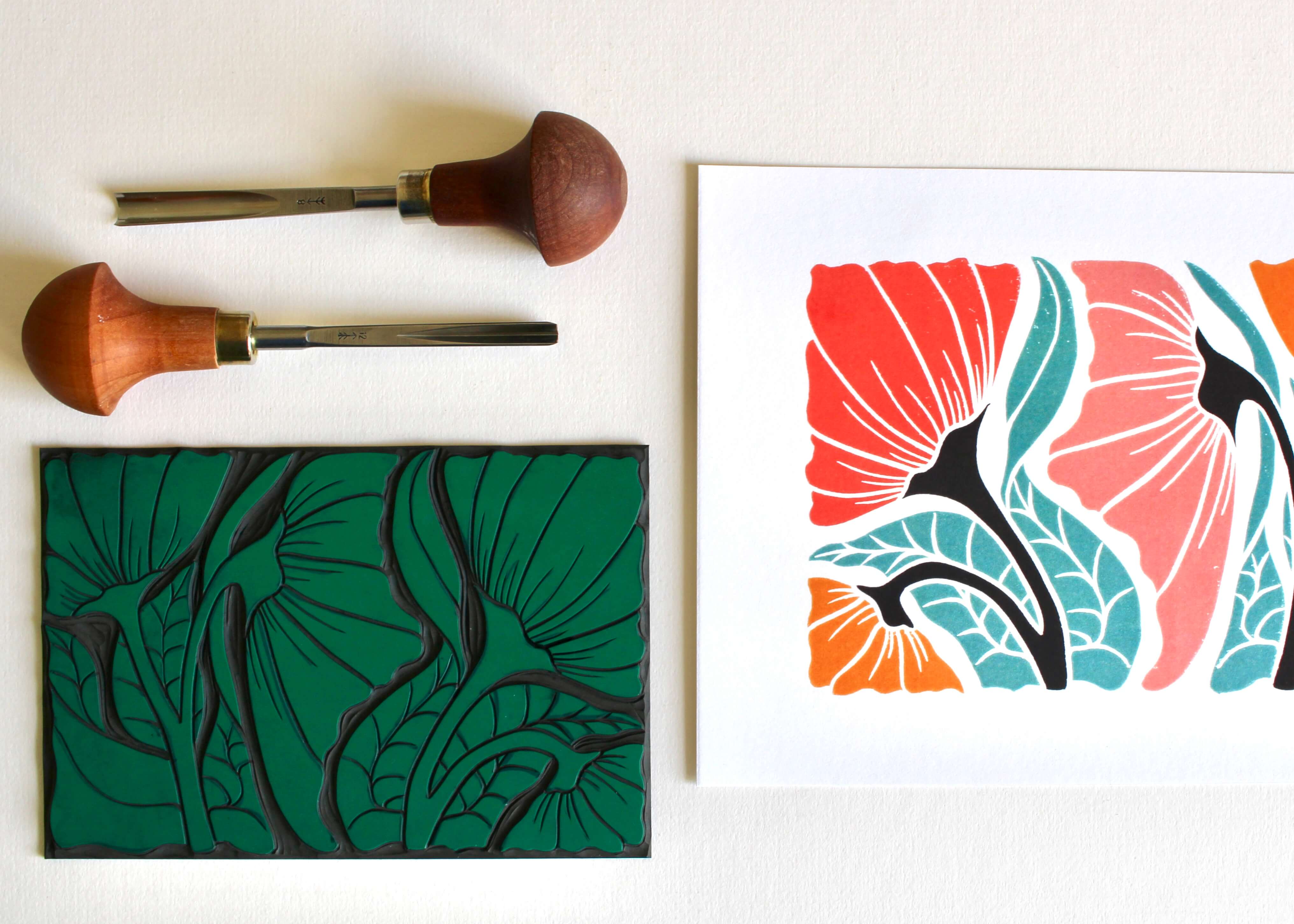 Happy Floral Linocut Art Print - A5 or A4 Art Print on Cotton Paper - Image 2
