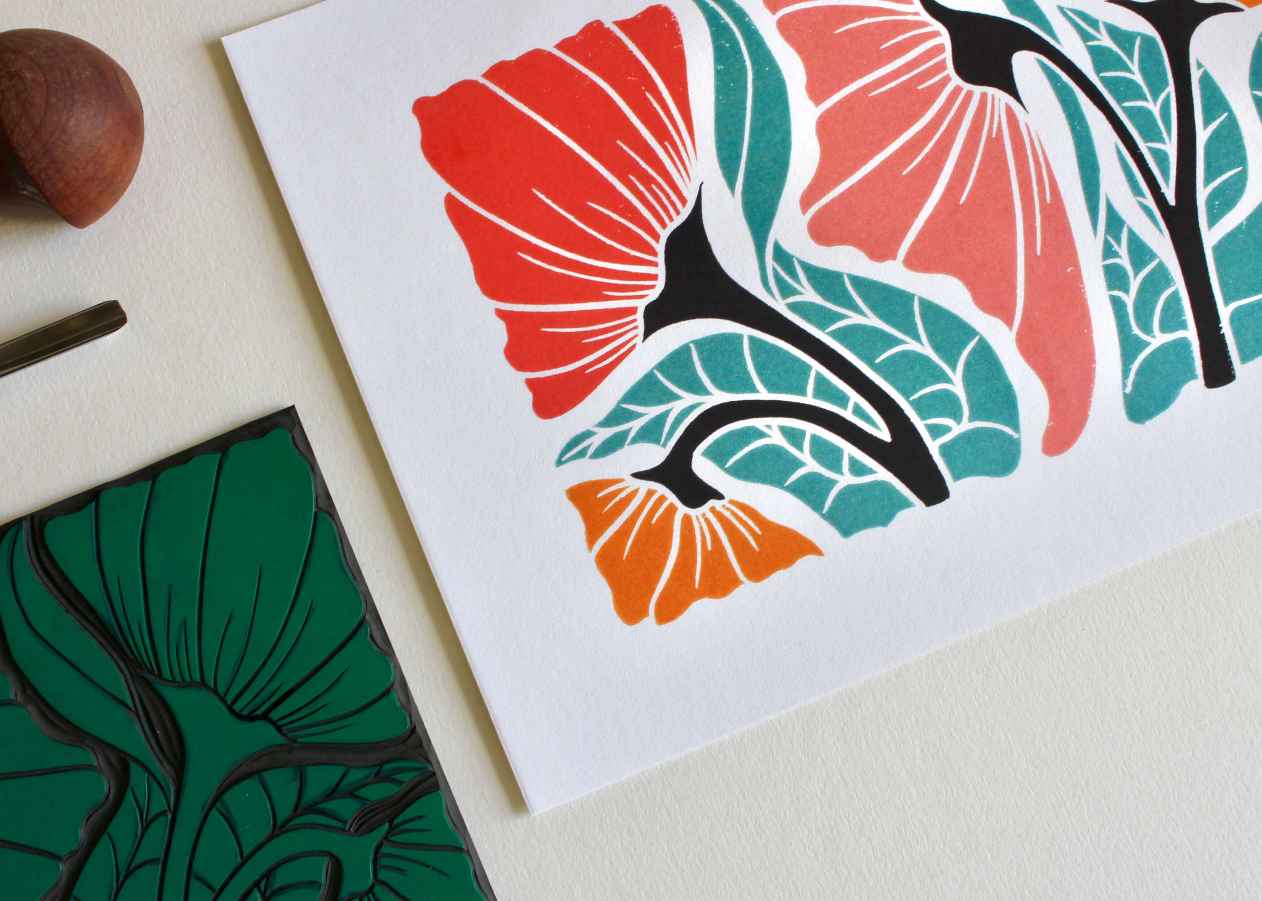 Happy Floral Linocut Art Print - A5 or A4 Art Print on Cotton Paper - Image 3