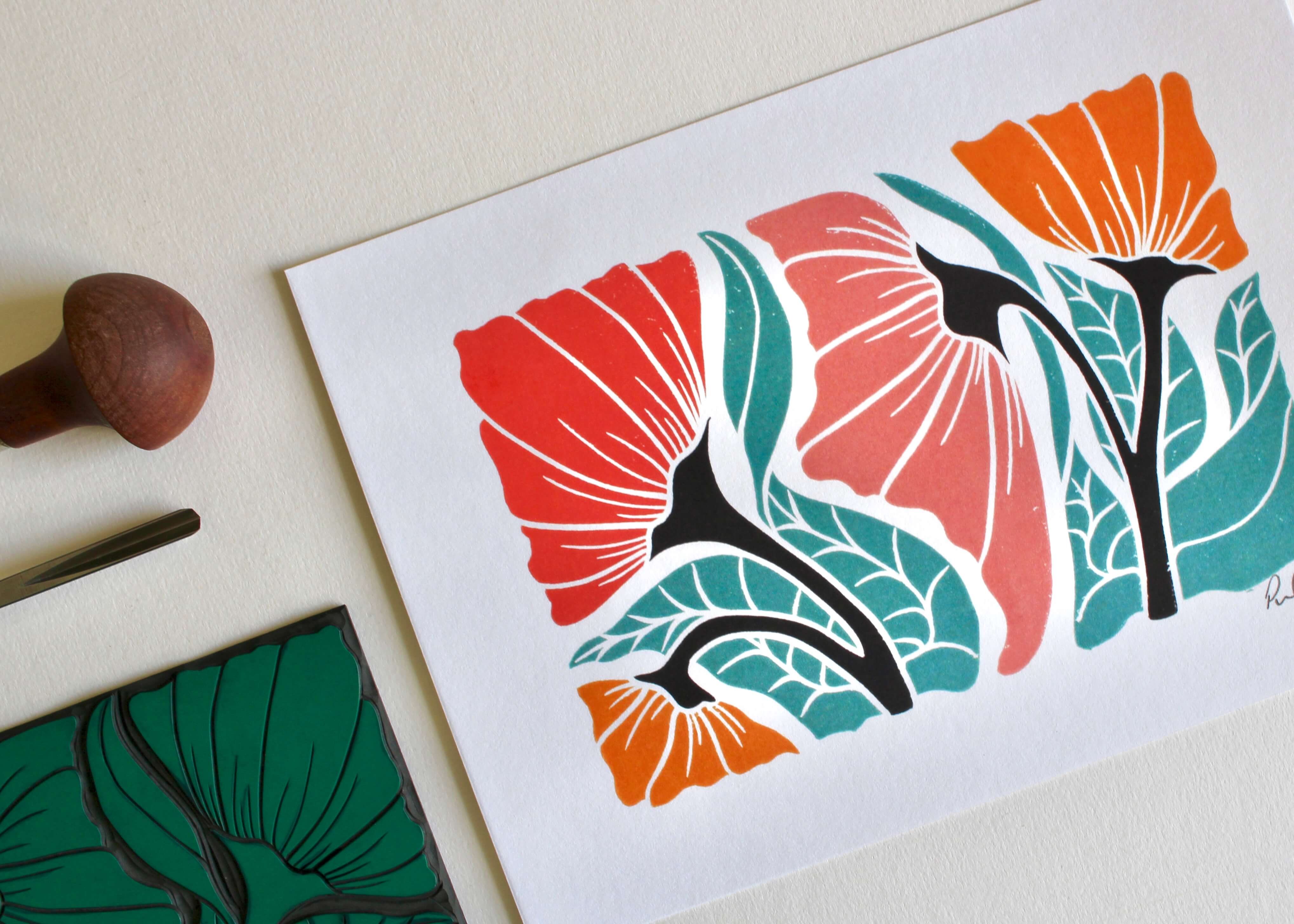 Happy Floral Linocut Art Print - A5 or A4 Art Print on Cotton Paper - Image 4
