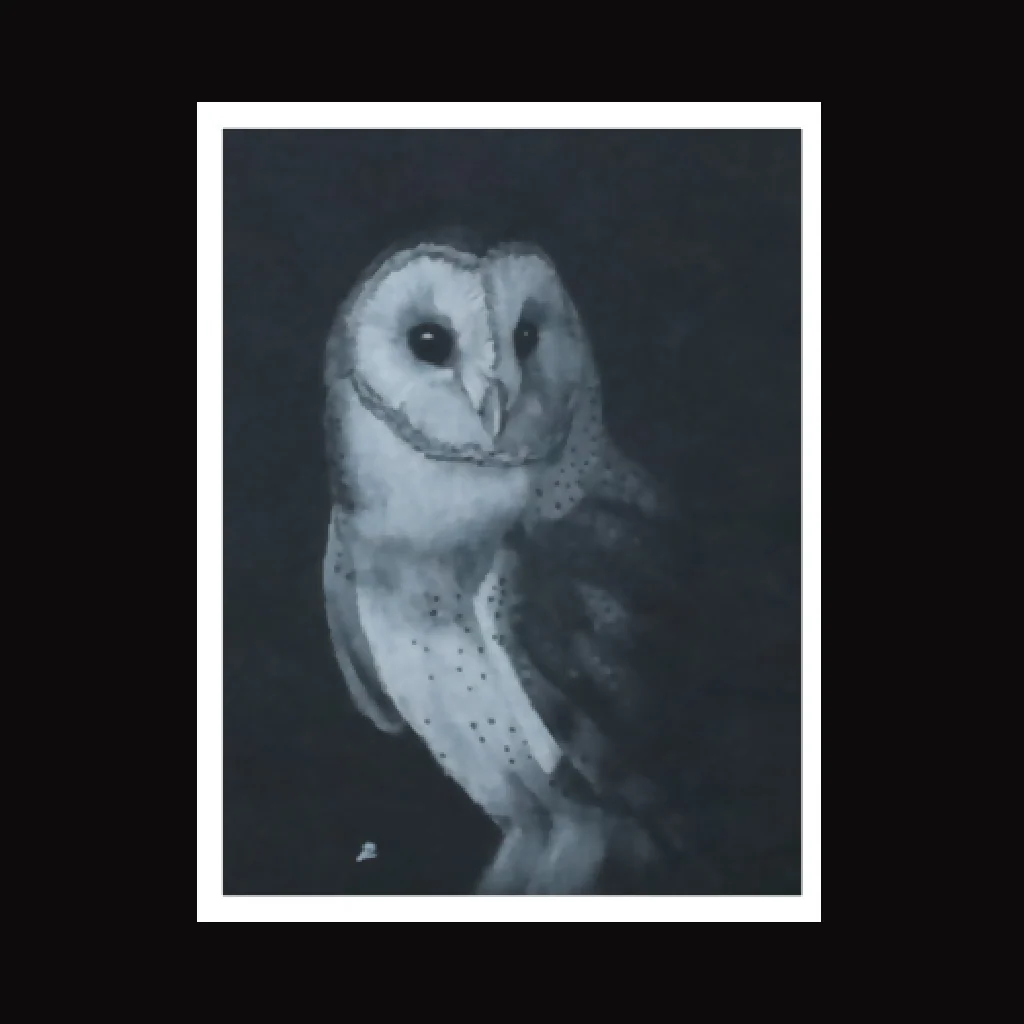 Haunting Grace - mounted barn owl art print, A4 size, black and white - Image 2