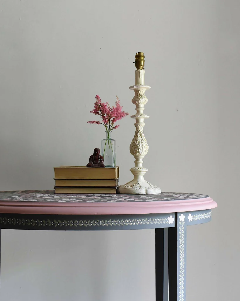 'Hawthorn' Decorative Grey and Pink Floral Side Table - Image 2