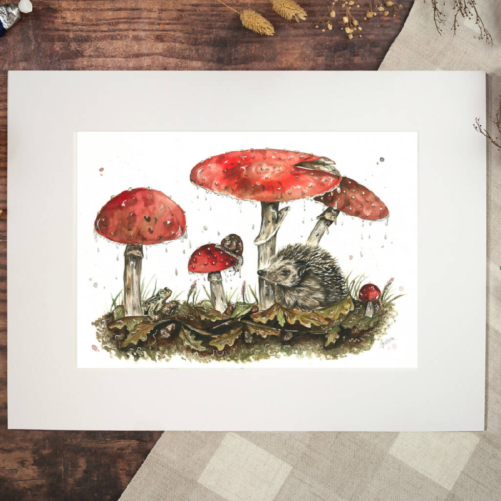 Hedgehog Under Toadstools 'Taking Shelter' Limited Edition Print