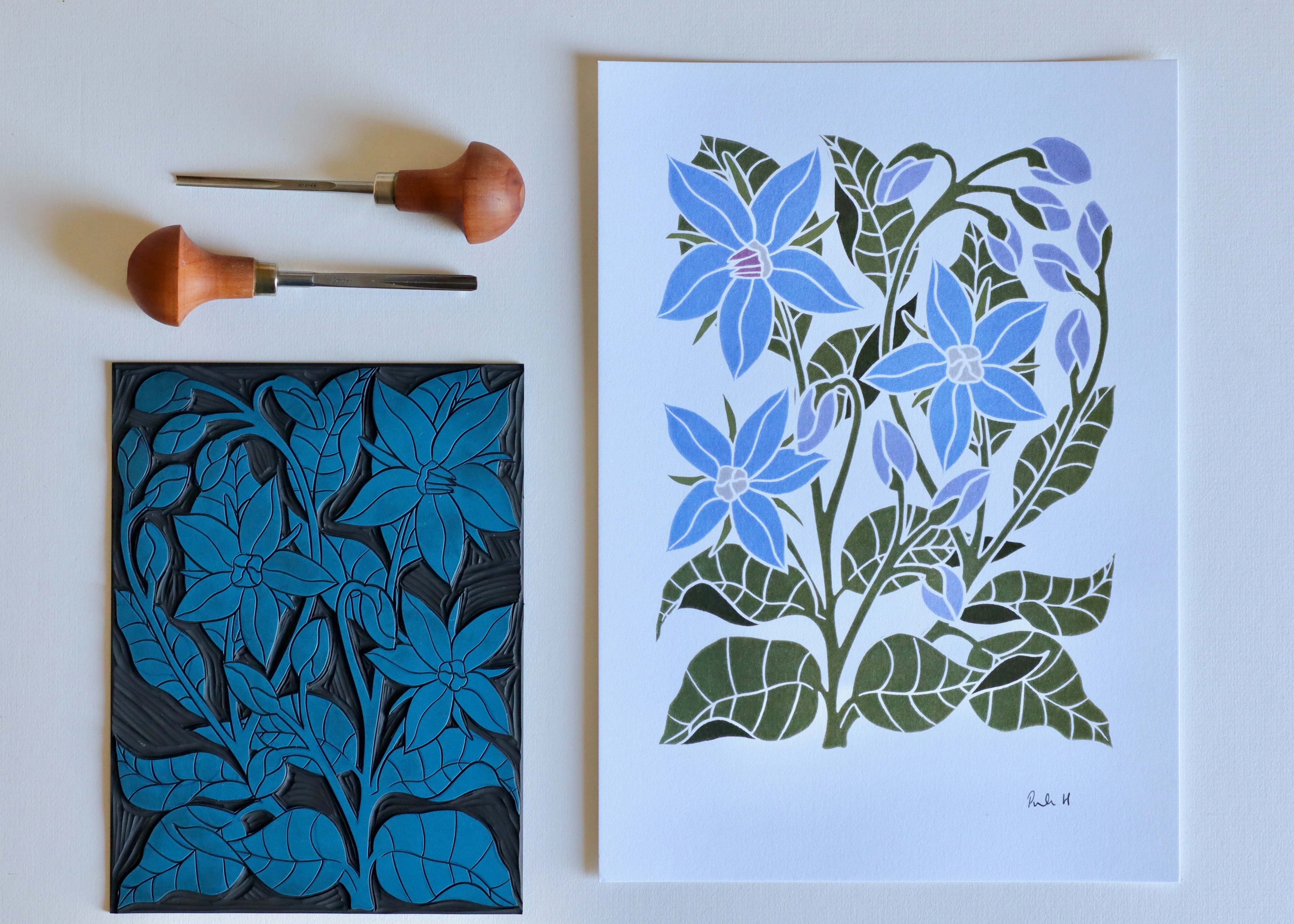 Heritage Kitchen Garden - Borage Linocut Art | A5 or A4 Art Print on Cotton Paper - Image 2