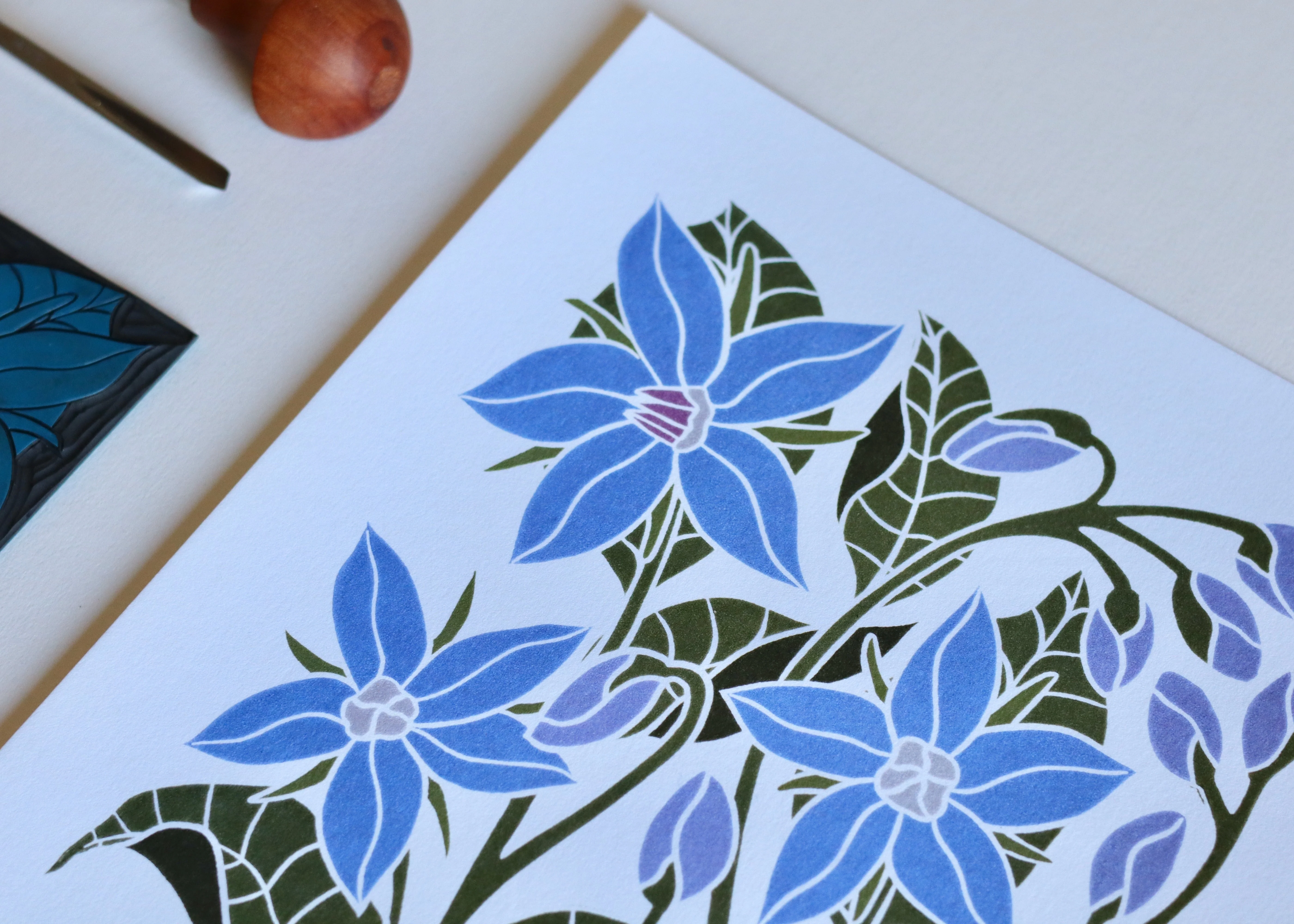 Heritage Kitchen Garden - Borage Linocut Art | A5 or A4 Art Print on Cotton Paper - Image 3
