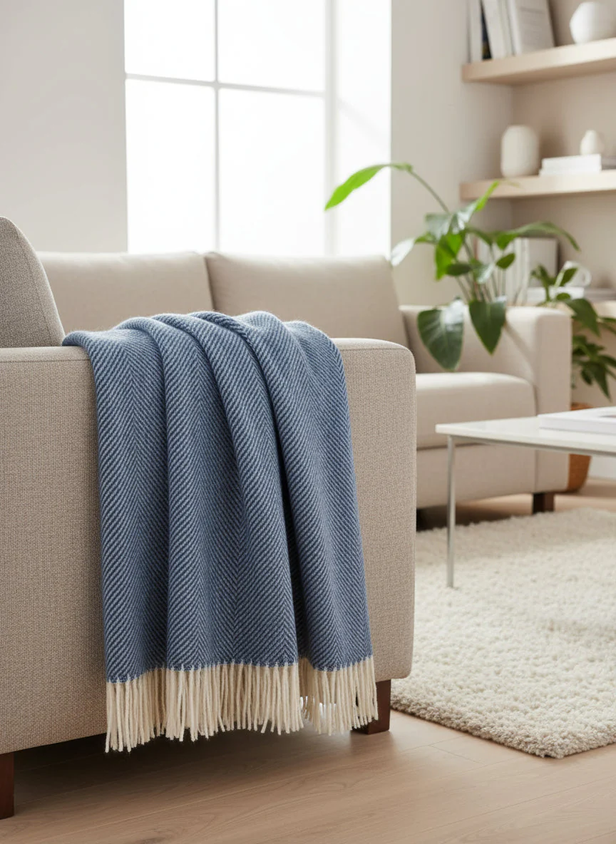 Herringbone Pure Wool Throw in Blueberry