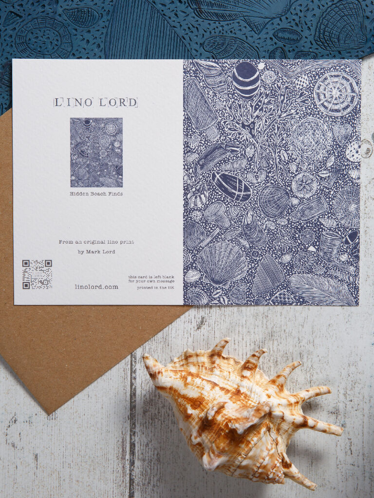 Hidden Beach Finds, A6 Lino Print Greeting Card - Image 2