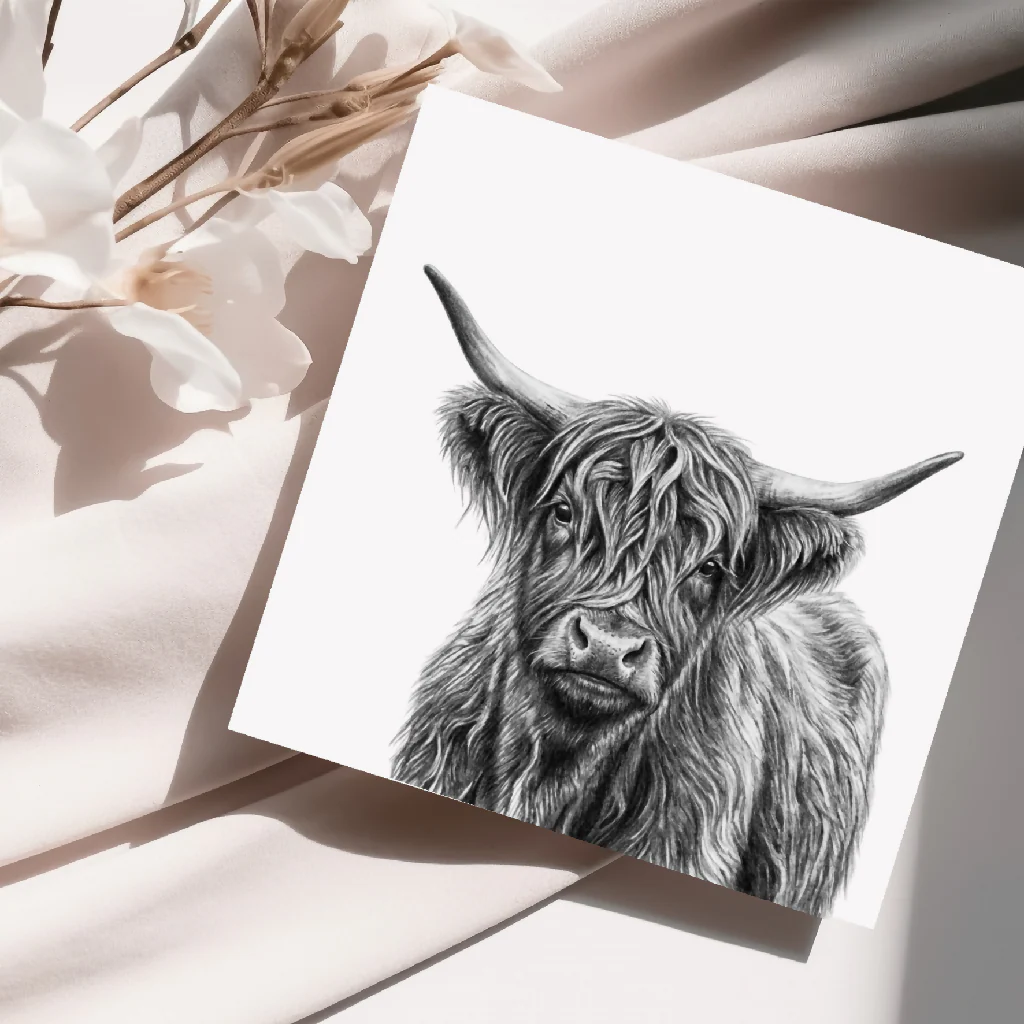 Highland Coo Hand Drawn Greeting Card – Rustic Countryside Animal Illustration Card