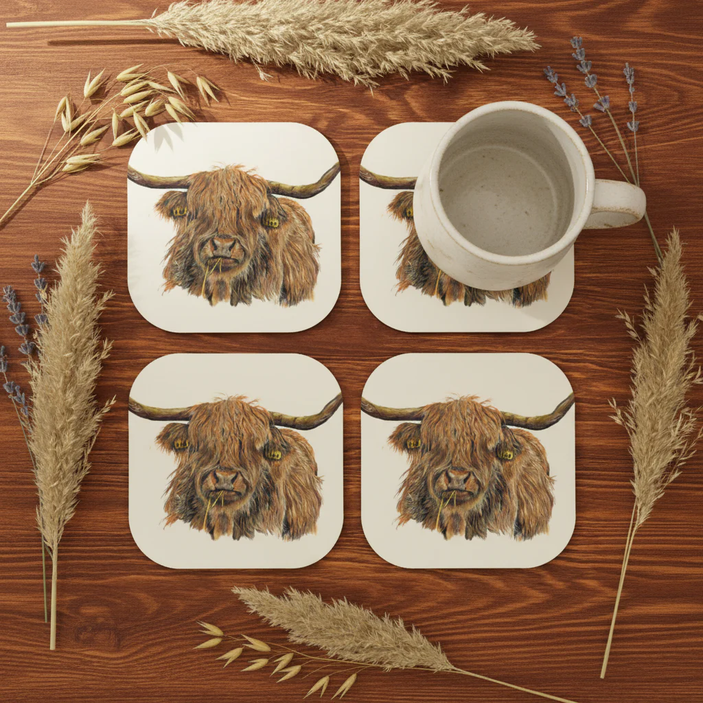 Highland Cow Luxury Wooden Coasters Set Of 4 | Hand Drawn Artwork - Image 2