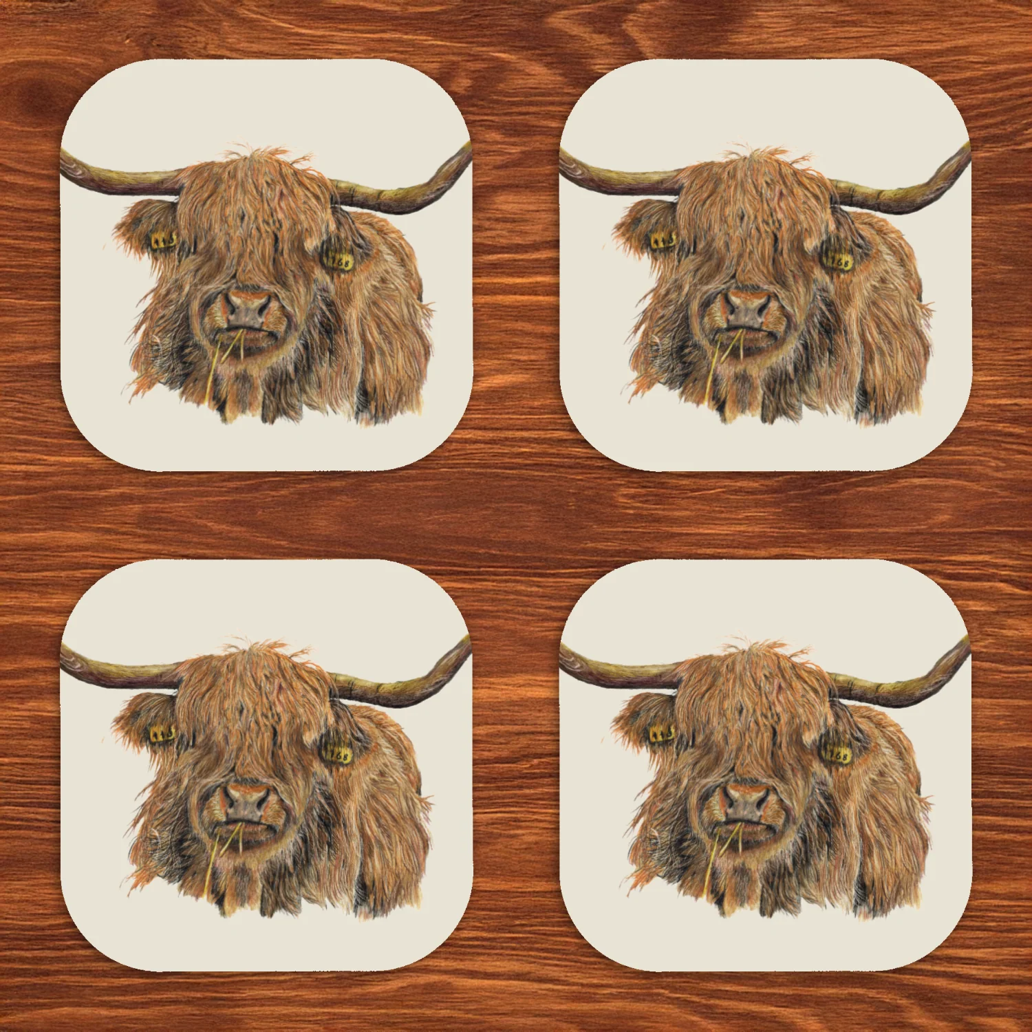 Highland Cow Luxury Wooden Coasters Set Of 4 | Hand Drawn Artwork - Image 3