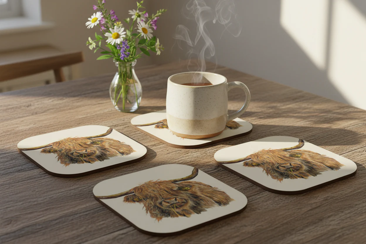 Highland Cow Luxury Wooden Coasters Set Of 4 | Hand Drawn Artwork - Image 4