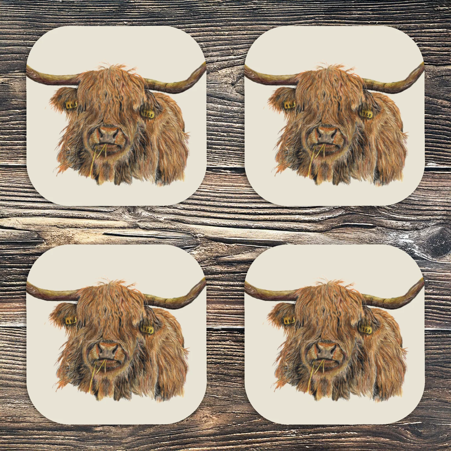 Highland Cow Luxury Wooden Coasters Set Of 4 | Hand Drawn Artwork - Image 5