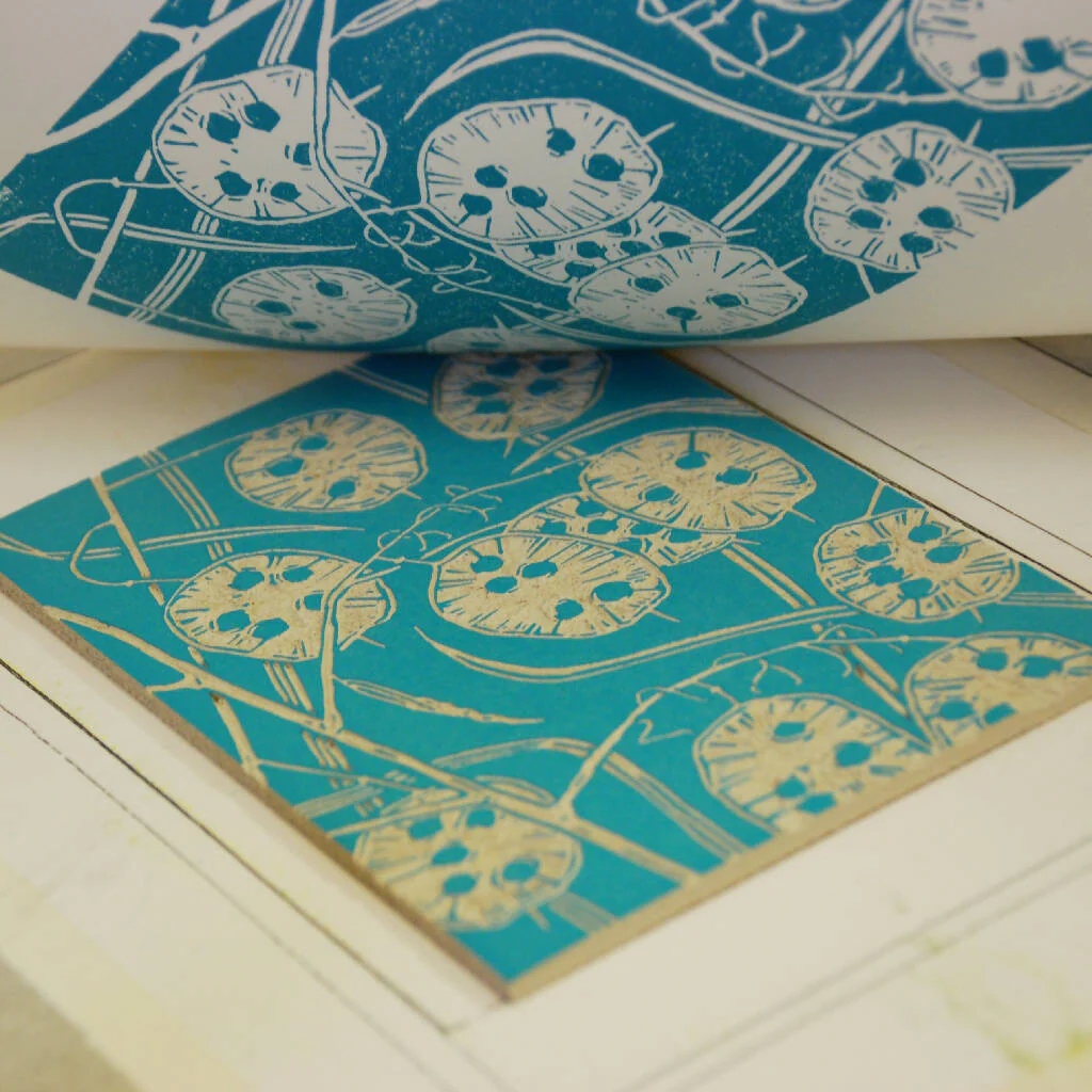 Honesty Seedhead in Teal Blue - Open Ended Edition - Original Linocut Print - Image 10