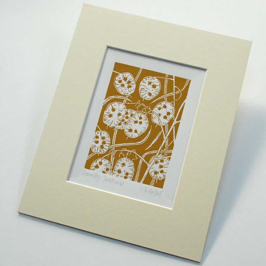 Honesty Seedhead in Teal Blue - Open Ended Edition - Original Linocut Print - Image 5