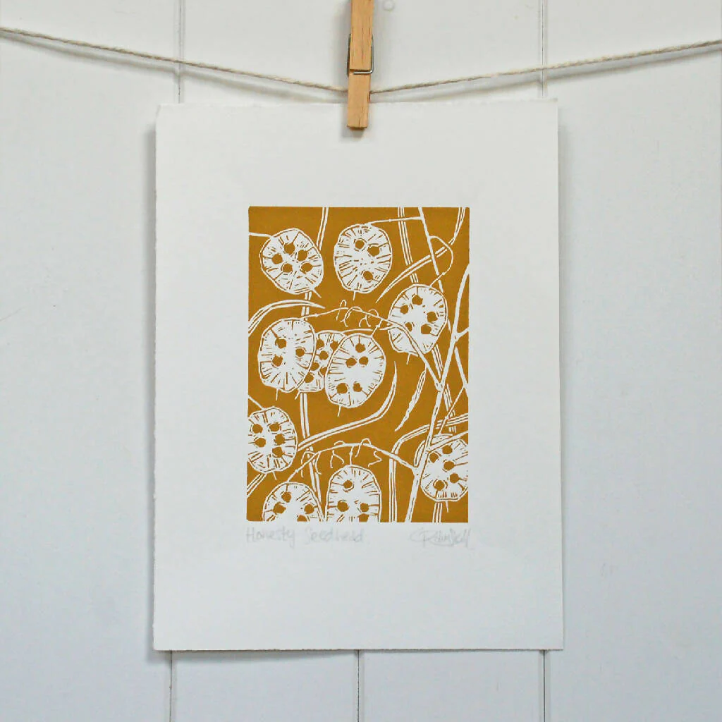 Honesty Seedhead in Teal Blue - Open Ended Edition - Original Linocut Print - Image 6