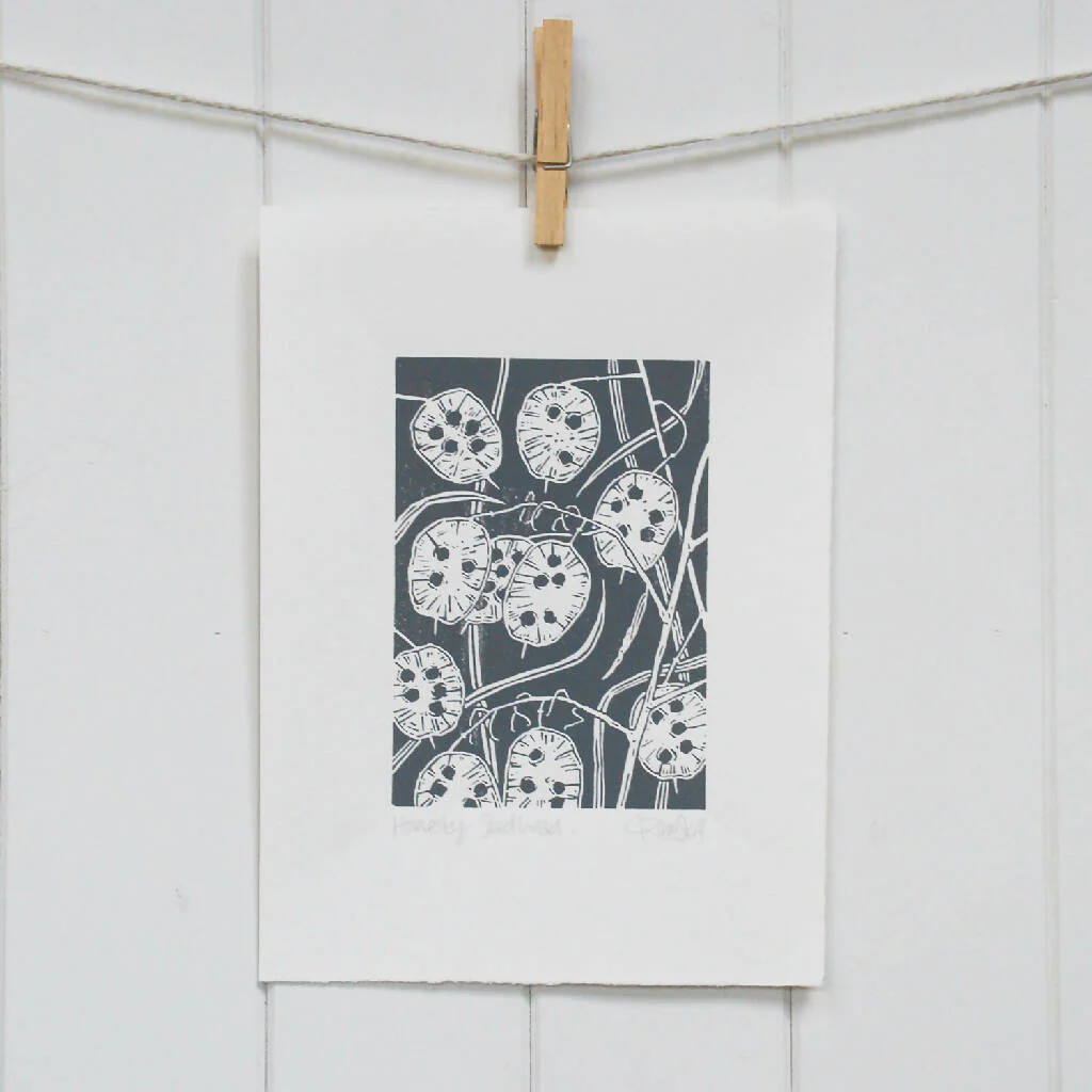 Honesty Seedhead in Teal Blue - Open Ended Edition - Original Linocut Print - Image 8