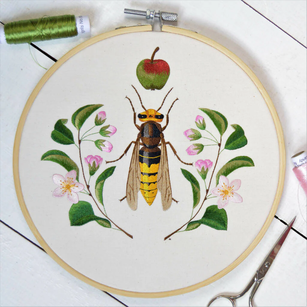 Hornet and Crab Apple Silk Hand Embroidered Art - Image 2