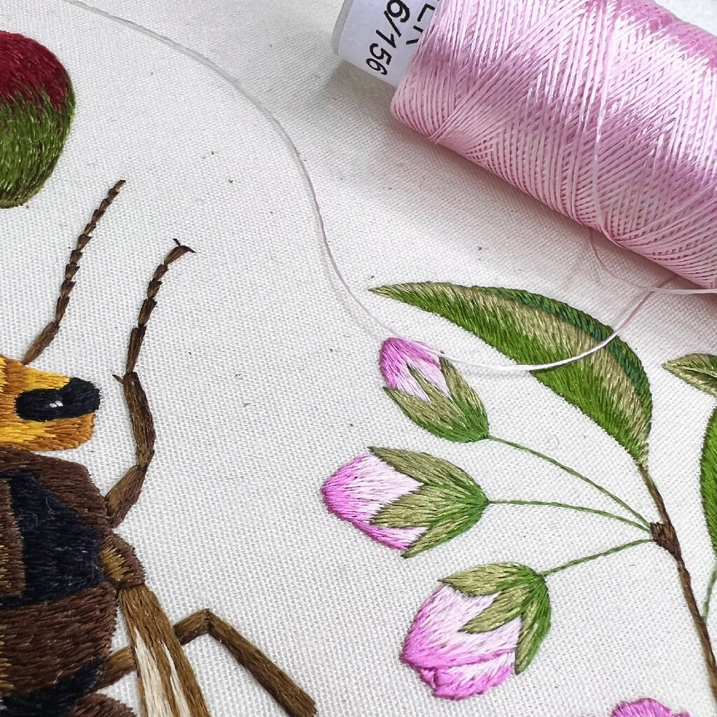 Hornet and Crab Apple Silk Hand Embroidered Art - Image 3