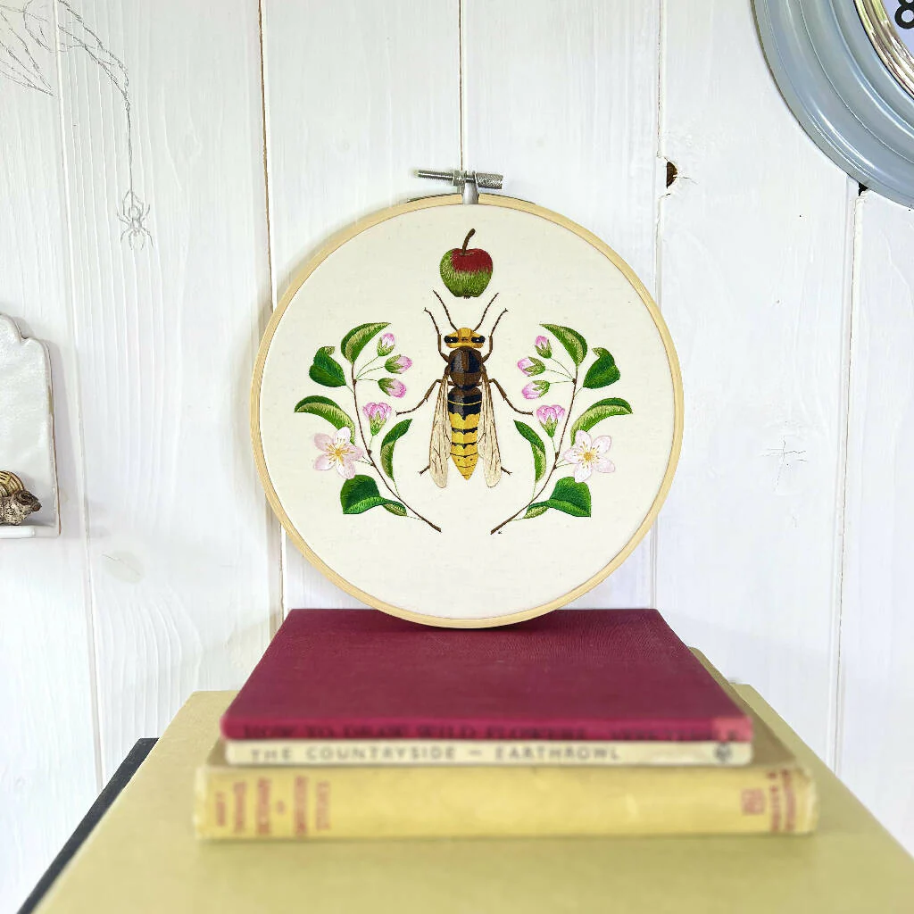 Hornet and Crab Apple Silk Hand Embroidered Art - Image 5