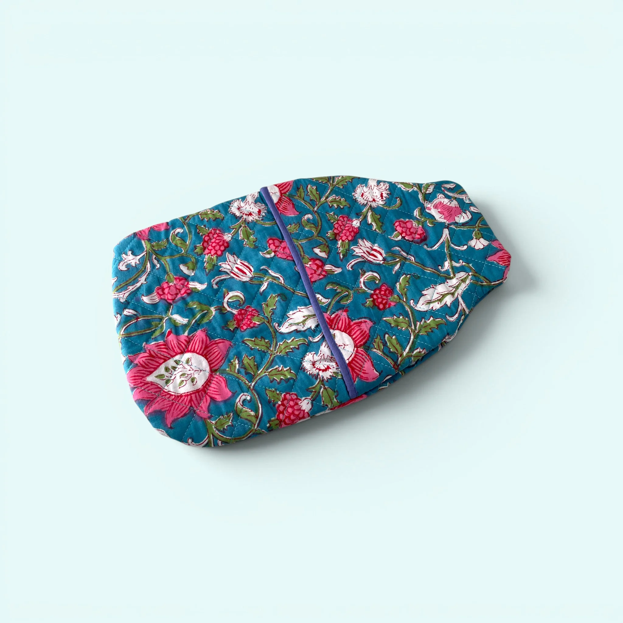 Hot Water Bottle Cover - Teal and Pink Cotton Block Print - Image 2