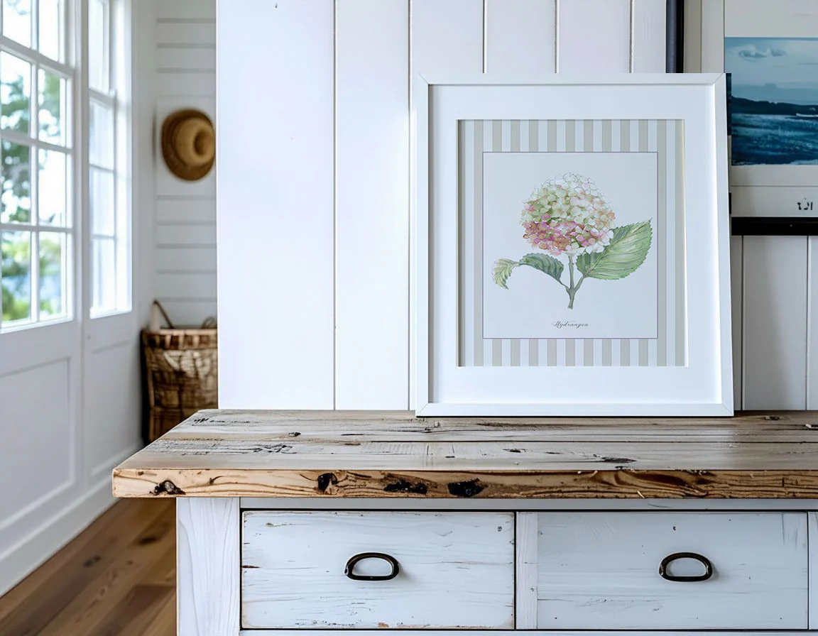 Hydrangea Watercolor Print on Striped Background - Image 2